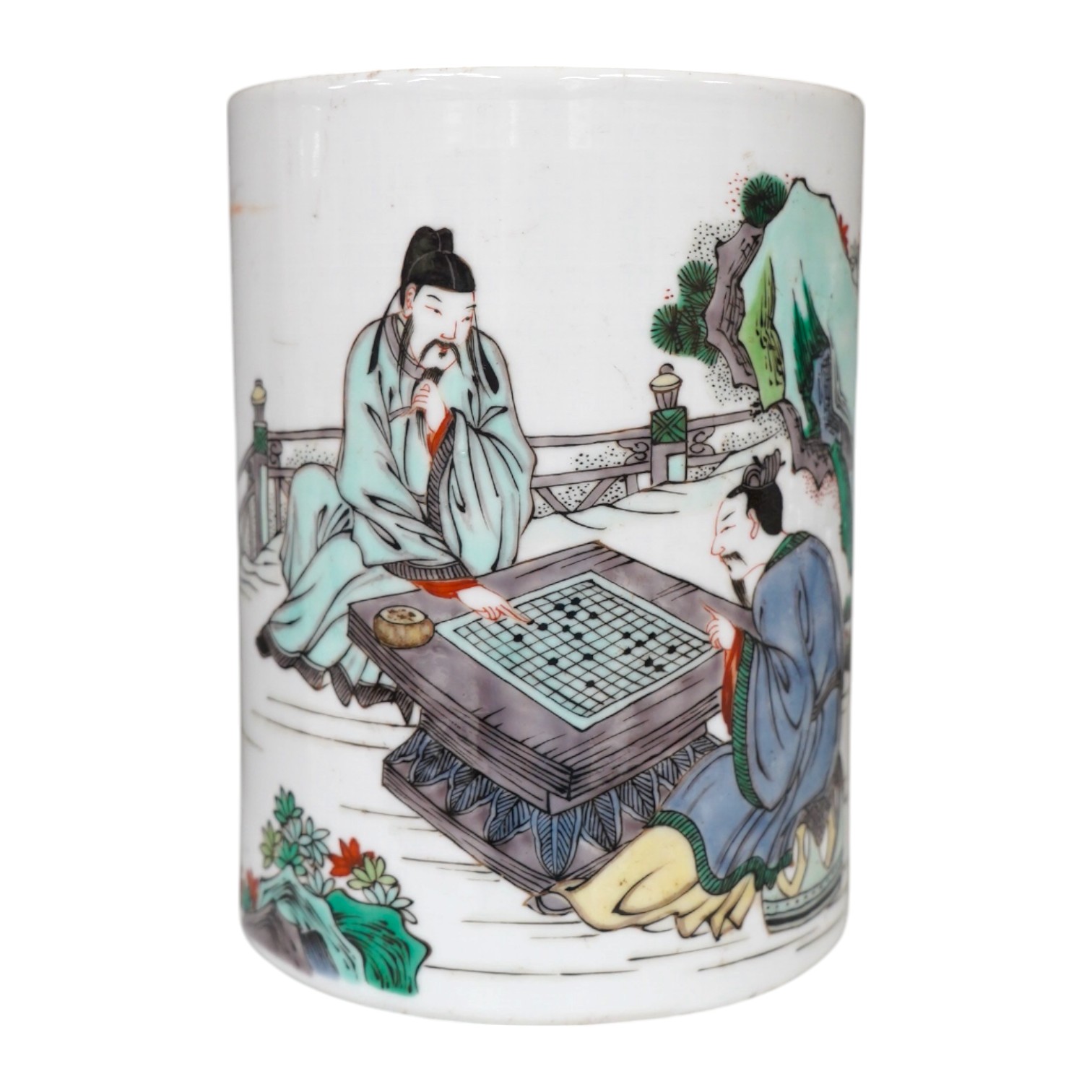 A Chinese famille verte ‘scholars’ brush pot, 15.3cm high